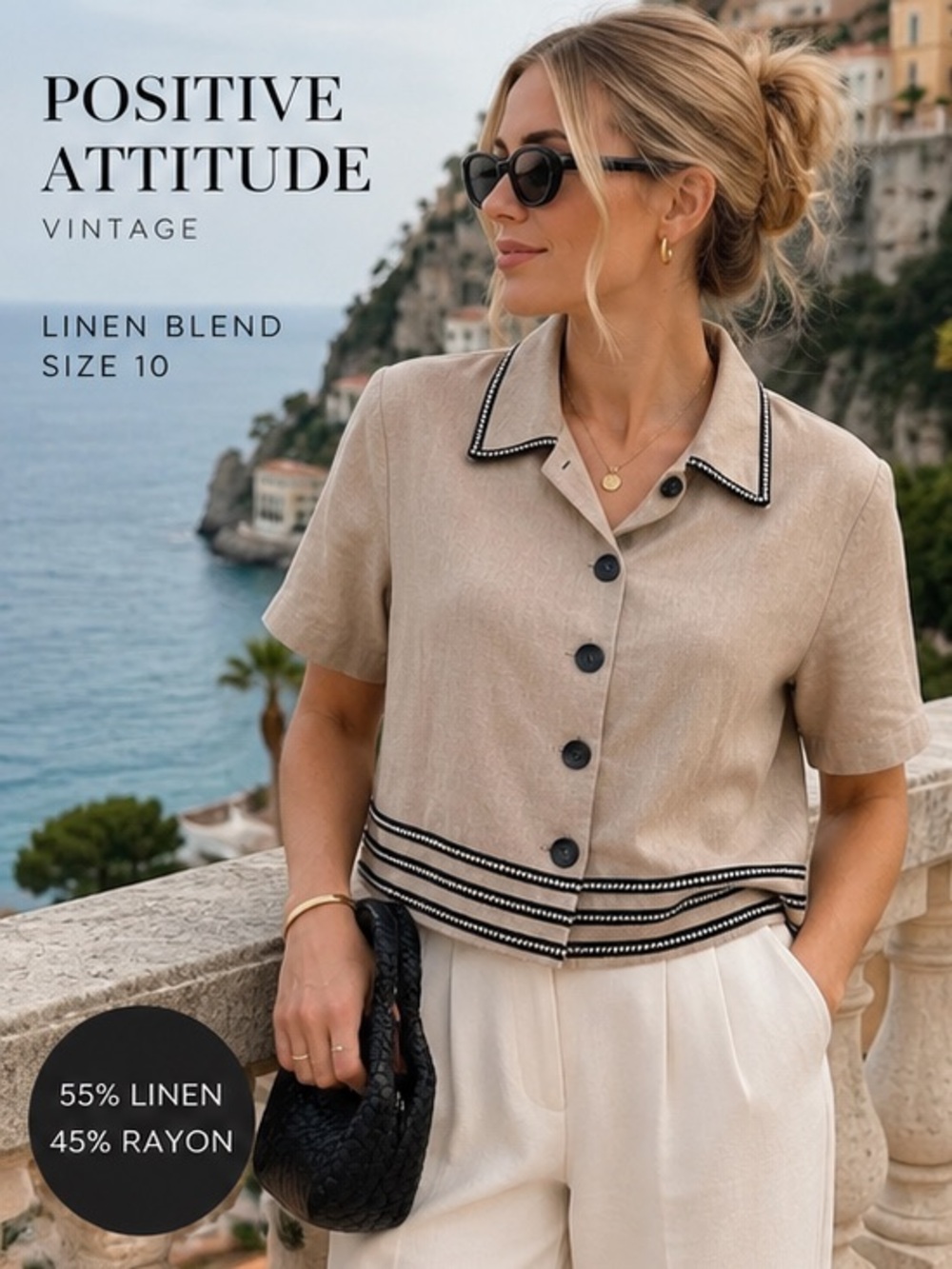 Vintage Positive Attitude Linen Blend Cropped Top Jacket Size 10 Contrast Trim
